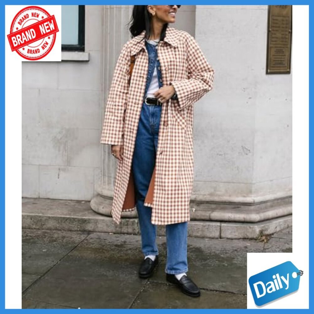 Women's Long Trench Coat Plaid Barn Jacket Single Breasted Casual Outerwear - Picture 5 of 7